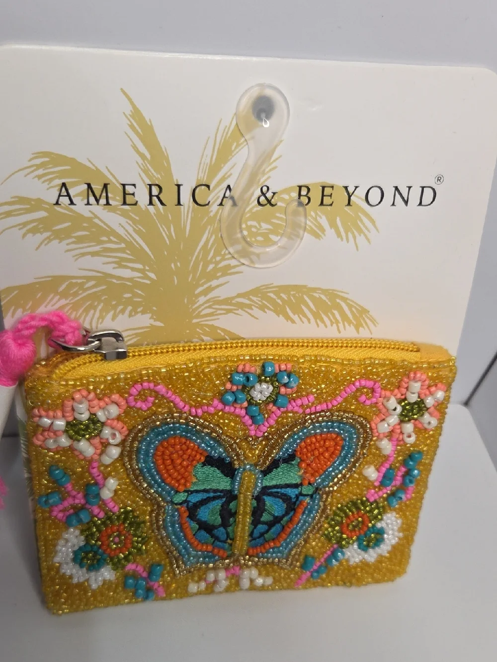 💛▪️America & Beyond▪️ Yellow Beaded Butterfly Coin Purse with Pink Tassel
